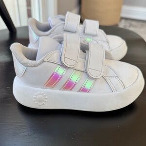 adidas Kids White Sneakers with Iridescent Pink-Green Stripes - Velcro